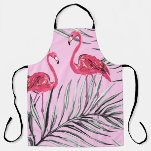 Tablier Flamants roses, aquarelle tropicale vintage motif.