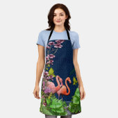 Tablier Flamants roses bleus classiques Feuilles verts (Porté)