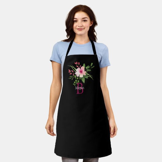 Tablier Fleur aquarelle, nom et monogramme sur fond noir (Porté)