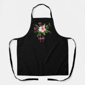 Tablier Fleur aquarelle, nom et monogramme sur fond noir (Recto)