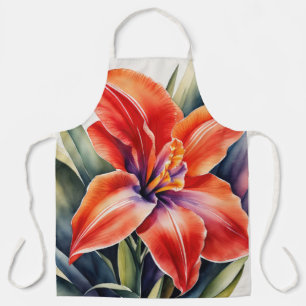 Tablier Fleur de lis orange peint à l'aquarelle