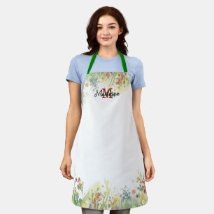 Tablier Fleur élégante de fleur sauvage aquarelle verte