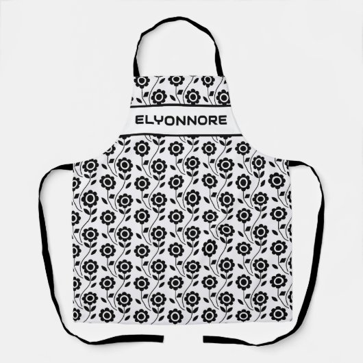 Tablier Fleur géométrique moderne noir blanc nom personnal (Recto)