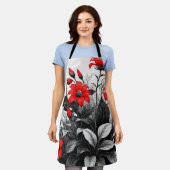 Tablier Fleur rouge sur Plante noir blanc (Porté)