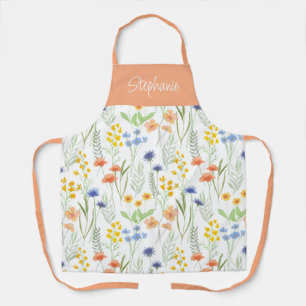 Tablier Fleur sauvage aquarelle bleu orange Nom personnali