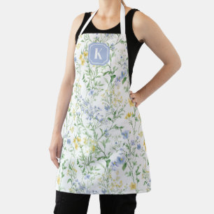 Tablier Fleur sauvage aquarelle bleue initiale personnalis