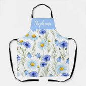 Tablier Fleur sauvage aquarelle bleue nom personnalisé (Recto)