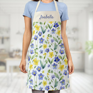 Tablier Fleur sauvage aquarelle jaune bleu Nom personnalis