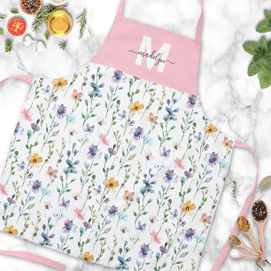 Tablier Fleur Sauvage Aquarelle Rose Nom Personnalisé