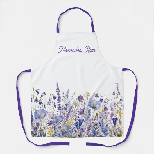 Tablier Fleur sauvage de couleur bleu violet jaune Nom per (Recto)