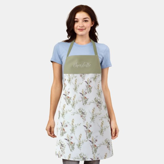 Tablier Fleur Sauvage Floral Script Personnalisé (Porté)
