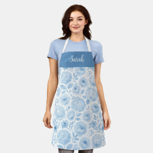 Tablier Fleurs aquarelles bleues et blanches Nom personnal