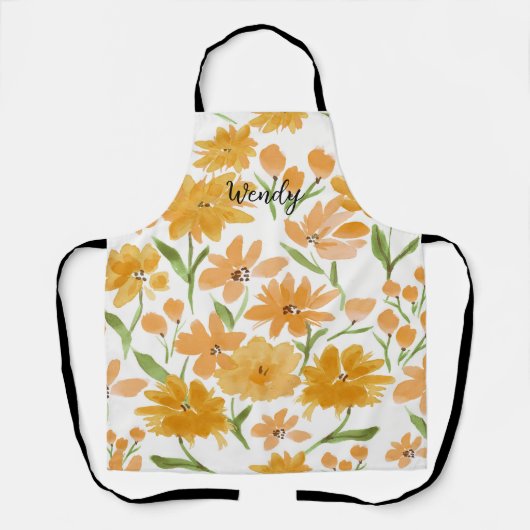 Tablier Fleurs aquarelles en orange et vert Personnalisées (Recto)