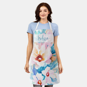 Tablier Fleurs aquarelles rose et bleu personnalisées