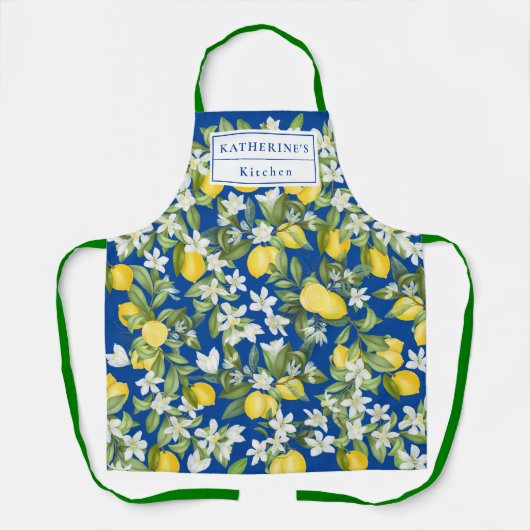 Tablier Fleurs blanches de citrons et monogramme sur bleu  (Recto)