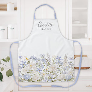 Tablier Fleurs Bleues Aquarelles Élégant Monogramme Floral