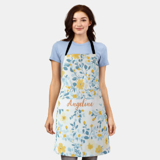 Tablier Fleurs bleues et jaunes "Ma charmante maman" perso
