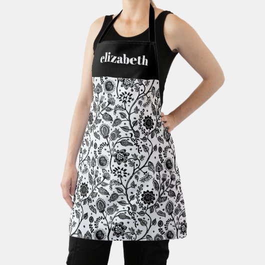 Tablier Fleurs botaniques noir blanc personnalisation Boho (Insitu)