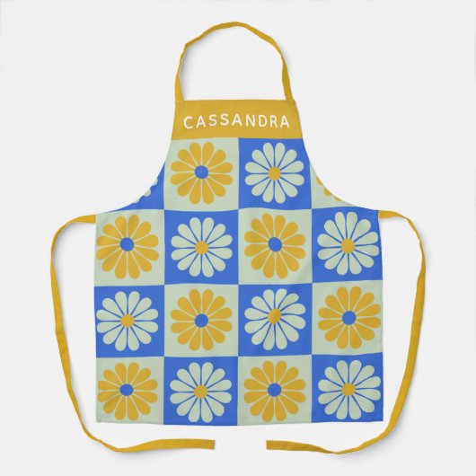 Tablier Fleurs colorées rétro Bleu Jaune Personnalisé (Recto)