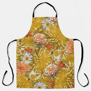 Tablier Fleurs dahlia dorées, design vintage fleuri.