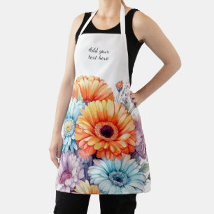 Tablier Fleurs de gerbera texte personnalisé blanc