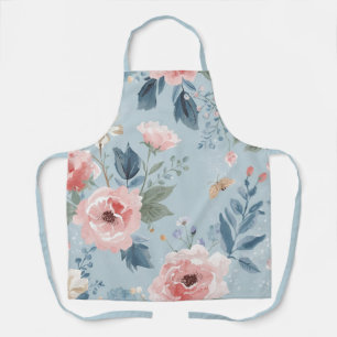Tablier Fleurs de jardin aquarelle bleu poussiéreux roses