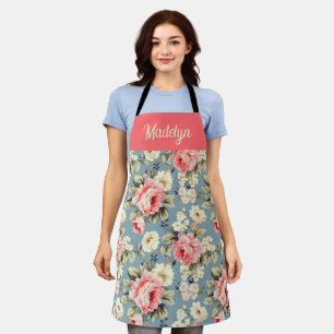 Tablier Fleurs de jardin de campagne Monogramme Nom Corail