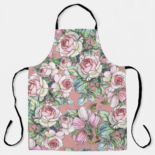 Tablier Fleurs de jardin rose avec tulipes peintes en wate (Recto)