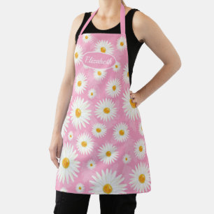 Tablier Fleurs de marguerite blanche sur illustration rose
