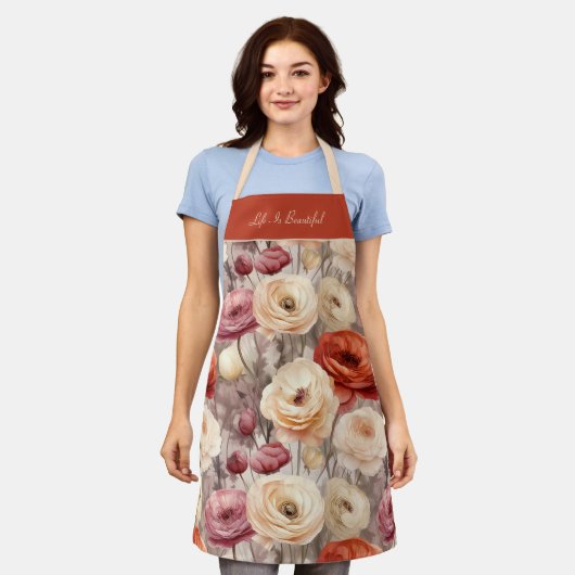 Tablier Fleurs de Ranunculus Crème Rose Rouge (Porté)