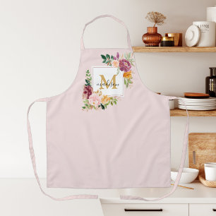 Tablier Fleurs de roses aquarelles colorées monogramme flo