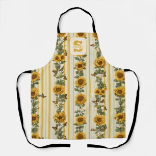 Tablier Fleurs de soleil et papillons sur bandes jaunes