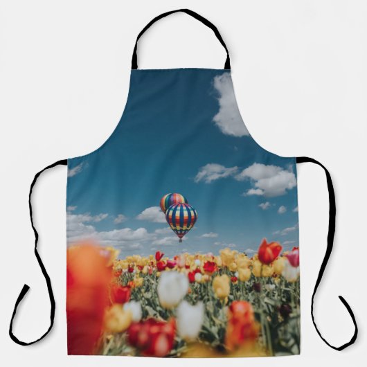 Tablier Fleurs de tulipe jaune et rouge sous montgolfière (Recto)