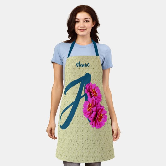Tablier Fleurs de Zinnia Monogramme Initiale A Personnalis (Porté)