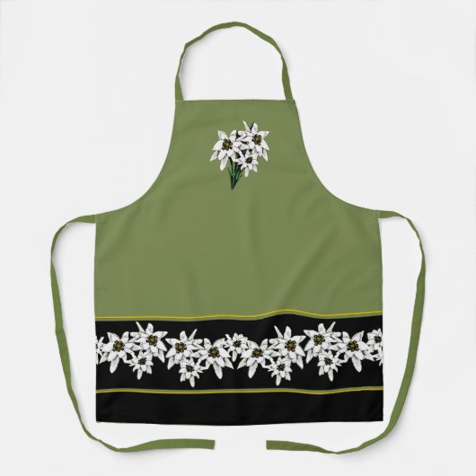 Tablier Fleurs Edelweiss vertes et noires Adultes (Recto)