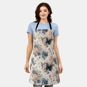 Tablier Fleurs et papillon roses et bleus de printemps vin