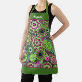 Tablier Fleurs funky rétro - Vert rose avec nom de script (Insitu)