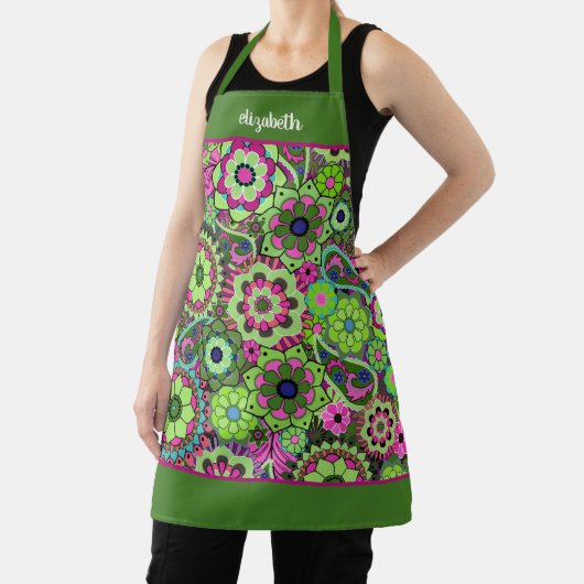 Tablier Fleurs funky rétro - Vert rose avec nom de script (Insitu)