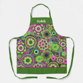 Tablier Fleurs funky rétro - Vert rose avec nom de script (Recto)