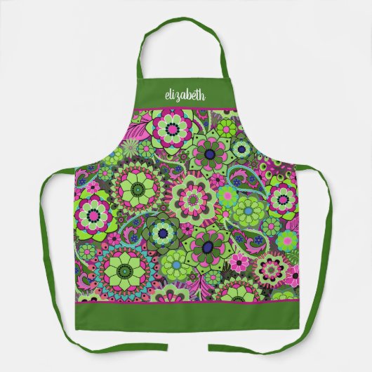 Tablier Fleurs funky rétro - Vert rose avec nom de script (Recto)
