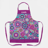 Tablier Fleurs funky rétro - violet rose avec nom de scrip (Recto)
