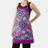 Tablier Fleurs funky rétro - violet rose avec nom de scrip (Insitu)