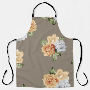 Tablier fleurs grises et crème avec bouquets feuille motif