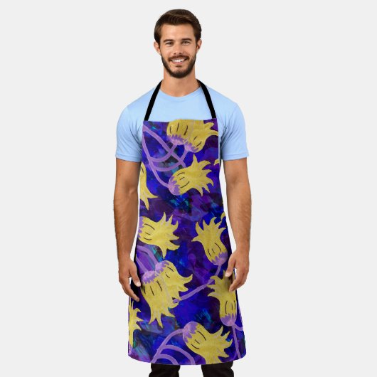 Tablier Fleurs jaunes : aquarelle arrière - plan foncée (Porté)