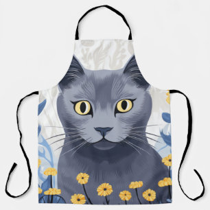Tablier Fleurs Jaunes Chat Bleu Russe