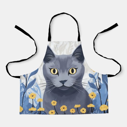 Tablier Fleurs Jaunes Chat Bleu Russe (Recto)