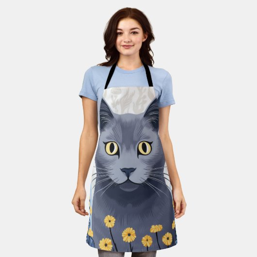 Tablier Fleurs Jaunes Chat Bleu Russe (Porté)