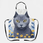 Tablier Fleurs Jaunes Chat Bleu Russe (Recto)