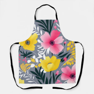 Tablier Fleurs Jaunes Et Roses Vibrantes Sur Gris