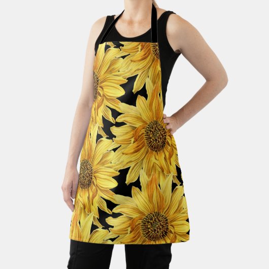 Tablier Fleurs jaunes sur noir sur toute l'impression (Insitu)